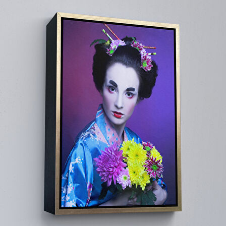 Kahverengi Çerçeveli Mavi Kimonolu Geyşa Tablo