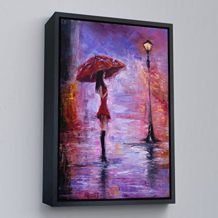 Beyaz Çerçeveli Gece Lambası Altında Şemsiyeli Kız Tablosu