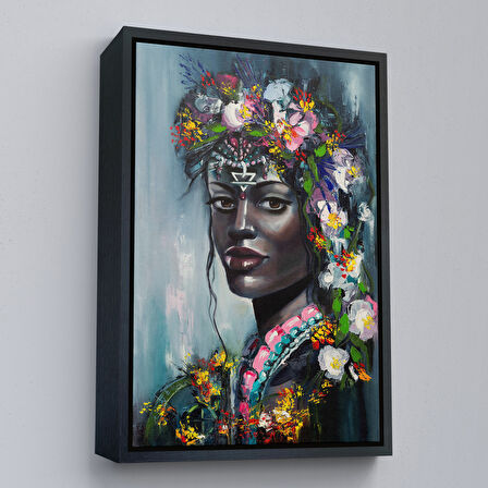 Altın Çerçeveli Çiçek Taçlı Afrikalı Kadın Kanvas Tablo