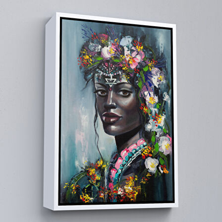 Altın Çerçeveli Çiçek Taçlı Afrikalı Kadın Kanvas Tablo