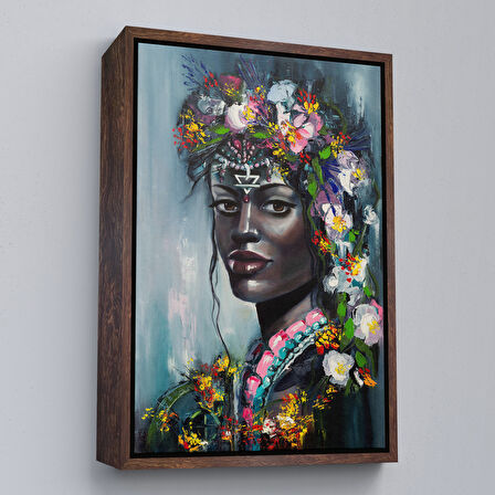Altın Çerçeveli Çiçek Taçlı Afrikalı Kadın Kanvas Tablo