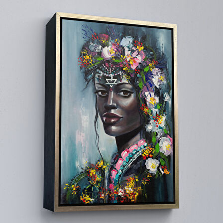Beyaz Çerçeveli Çiçek Taçlı Afrikalı Kadın Kanvas Tablo