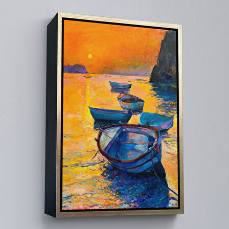 Kahverengi Çerçeveli Denizde Gün Batımı Manzarası Duvar Tablosu