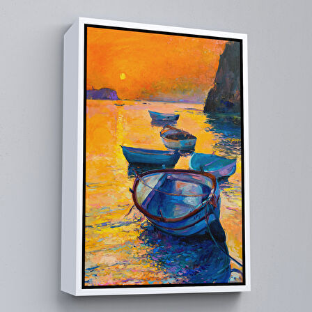 Kahverengi Çerçeveli Denizde Gün Batımı Manzarası Duvar Tablosu