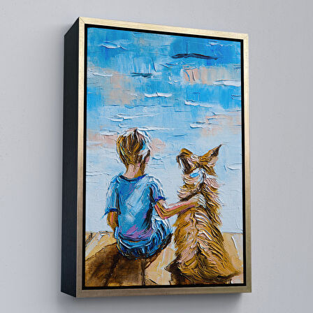 Beyaz Çerçeveli Göl Kenarında Oturan Çocuk ve Köpeği Duvar Tablo