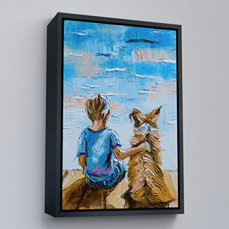 Beyaz Çerçeveli Göl Kenarında Oturan Çocuk ve Köpeği Duvar Tablo