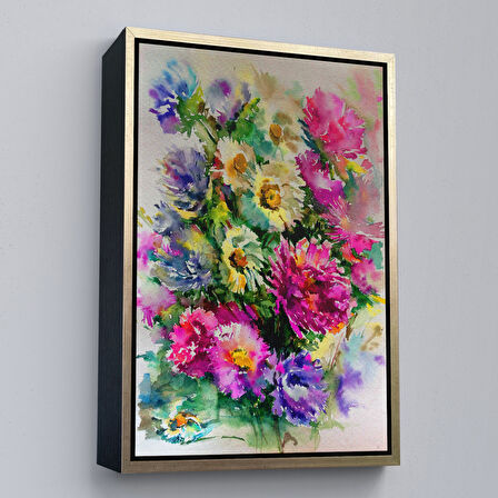Kahverengi Çerçeveli Renkli Çiçekler Duvar Tablosu