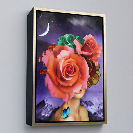 Beyaz Çerçeveli Gül Başlı Kadın Modern Sanat Tablosu