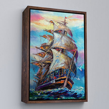 Beyaz Çerçeveli Yağlı Boya Görünümlü Yelkenli Kanvas Tablo
