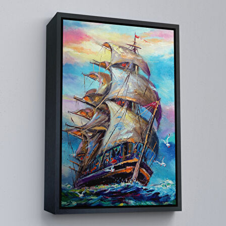 Beyaz Çerçeveli Yağlı Boya Görünümlü Yelkenli Kanvas Tablo