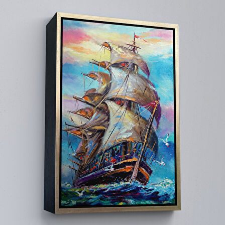 Beyaz Çerçeveli Yağlı Boya Görünümlü Yelkenli Kanvas Tablo