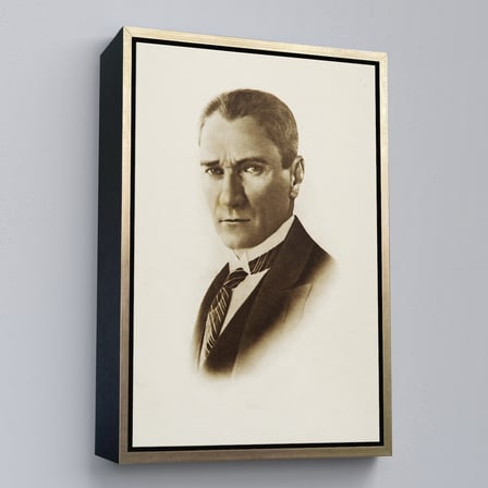 Beyaz Çerçeveli Atatürk Portre Tablosu Mustafa Kemal Atatürk Dikdörtgen Dekoratif Kanvas Tablo