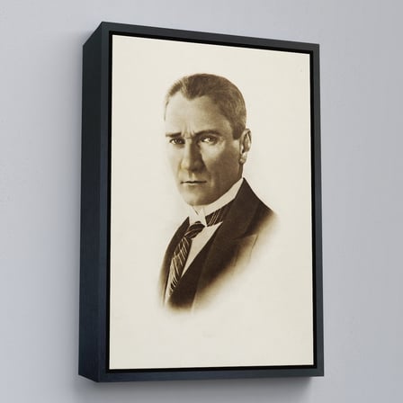 Beyaz Çerçeveli Atatürk Portre Tablosu Mustafa Kemal Atatürk Dikdörtgen Dekoratif Kanvas Tablo