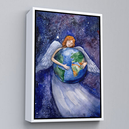 Beyaz Çerçeveli Dünyayı Kucaklayan Melek Duvar Tablosu