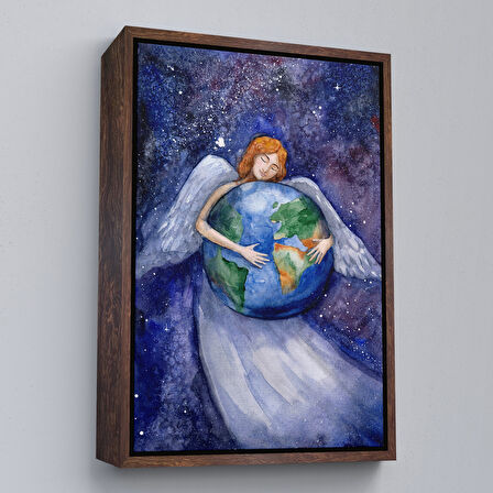 Beyaz Çerçeveli Dünyayı Kucaklayan Melek Duvar Tablosu