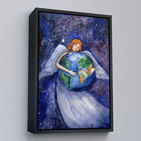 Beyaz Çerçeveli Dünyayı Kucaklayan Melek Duvar Tablosu