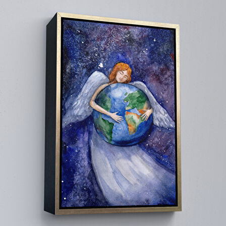 Siyah Çerçeveli Dünyayı Kucaklayan Melek Duvar Tablosu