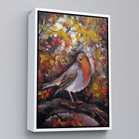 Beyaz Çerçeveli İngiliz Kırmızı Robin Kuşu Duvar Tablosu