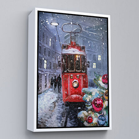 Altın Çerçeveli Karlar Arasındaki Kırmızı Tramvay Duvar Tablosu