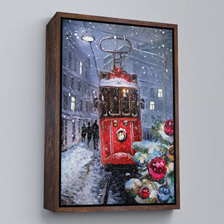 Altın Çerçeveli Karlar Arasındaki Kırmızı Tramvay Duvar Tablosu