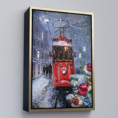 Siyah Çerçeveli Karlar Arasındaki Kırmızı Tramvay Duvar Tablosu