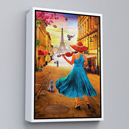 Beyaz Çerçeveli Paris de Etfel Kulesine Karşı Keman Çalan Kız Tablosu