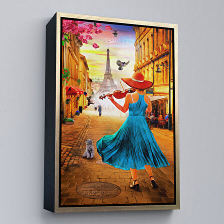 Beyaz Çerçeveli Paris de Etfel Kulesine Karşı Keman Çalan Kız Tablosu