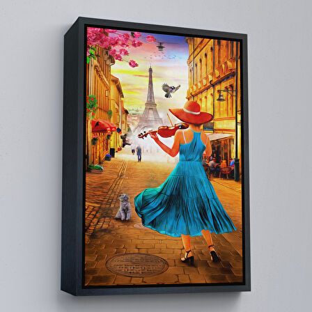 Beyaz Çerçeveli Paris de Etfel Kulesine Karşı Keman Çalan Kız Tablosu