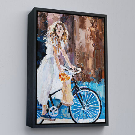 Altın Çerçeveli Bisiklete Binen Beyaz Elbiseli Kız Duvar Tablosu