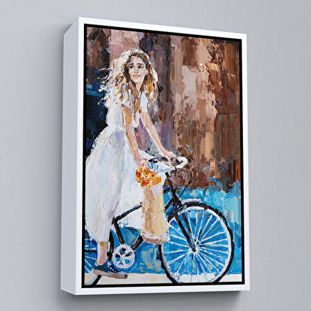 Altın Çerçeveli Bisiklete Binen Beyaz Elbiseli Kız Duvar Tablosu