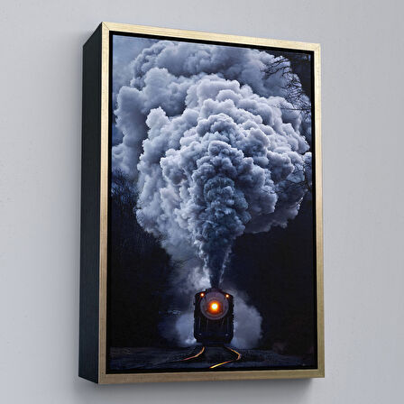 Kahverengi Çerçeveli Gri Dumanı ile Kara Tren Tablosu