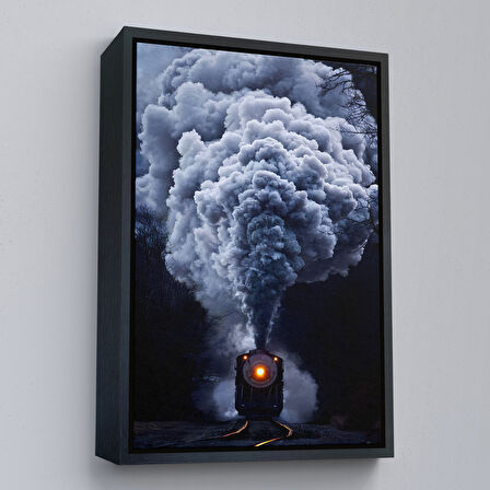 Kahverengi Çerçeveli Gri Dumanı ile Kara Tren Tablosu