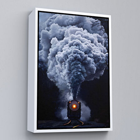 Kahverengi Çerçeveli Gri Dumanı ile Kara Tren Tablosu