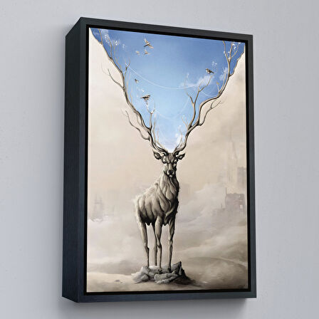 Altın Çerçeveli Daha Güzel Bir Doğa Hayal Eden Geyik Sürreal Duvar Tablosu