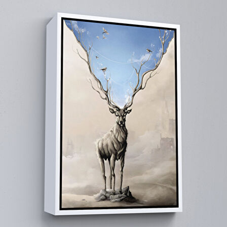 Altın Çerçeveli Daha Güzel Bir Doğa Hayal Eden Geyik Sürreal Duvar Tablosu