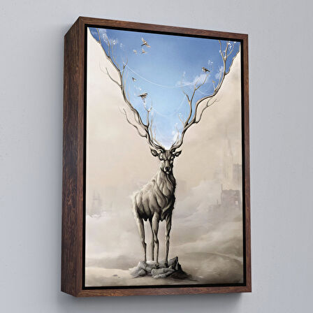 Siyah Çerçeveli Daha Güzel Bir Doğa Hayal Eden Geyik Sürreal Duvar Tablosu