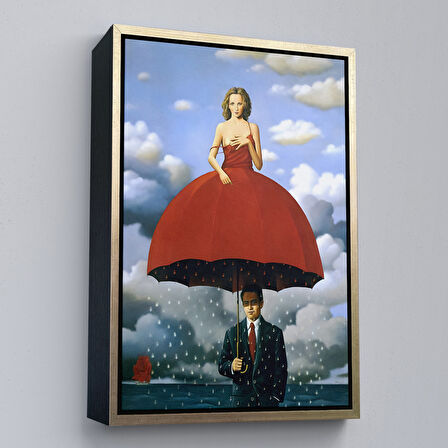 Kahverengi Çerçeveli Kırmızı Elbiseli Kadın Sürreal Duvar Tablosu