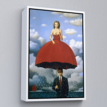 Siyah Çerçeveli Kırmızı Elbiseli Kadın Sürreal Duvar Tablosu