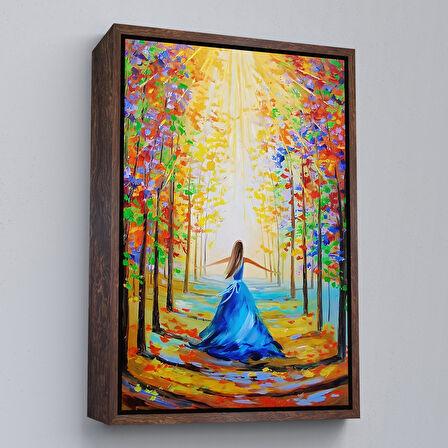 Beyaz Çerçeveli Renkli Ormanda Yürüyen Mavi Elbiseli Kadın Tablosu