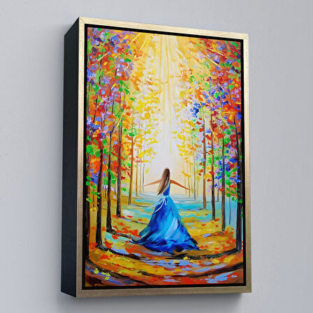 Beyaz Çerçeveli Renkli Ormanda Yürüyen Mavi Elbiseli Kadın Tablosu