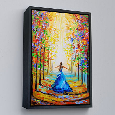 Beyaz Çerçeveli Renkli Ormanda Yürüyen Mavi Elbiseli Kadın Tablosu