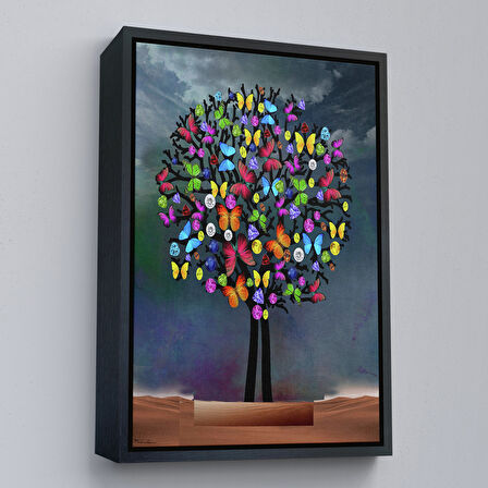 Altın Çerçeveli Kelebekler Ağacı Duvar Tablosu