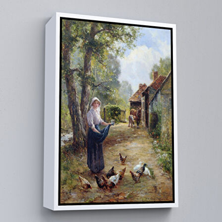 Beyaz Çerçeveli Rus Köylüsü Kadın ve Tavukları Duvar Tablosu