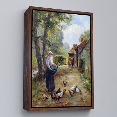 Beyaz Çerçeveli Rus Köylüsü Kadın ve Tavukları Duvar Tablosu
