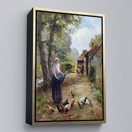 Beyaz Çerçeveli Rus Köylüsü Kadın ve Tavukları Duvar Tablosu