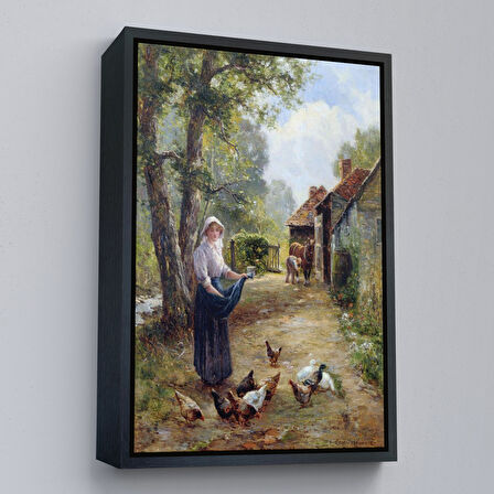 Beyaz Çerçeveli Rus Köylüsü Kadın ve Tavukları Duvar Tablosu