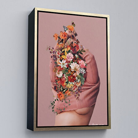 Siyah Çerçeveli Soyunan Kadın Renkli Kelebekler ve Çiçekler Detaylı Tablo
