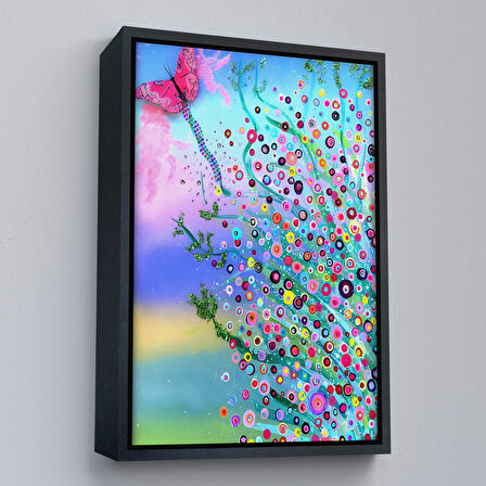 Altın Çerçeveli Renkli Çiçekler ve Kelebek Temalı Duvar Tablosu