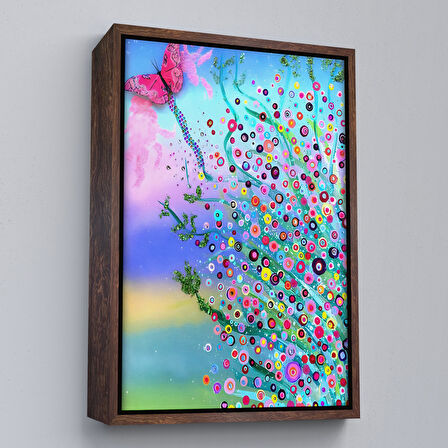 Altın Çerçeveli Renkli Çiçekler ve Kelebek Temalı Duvar Tablosu