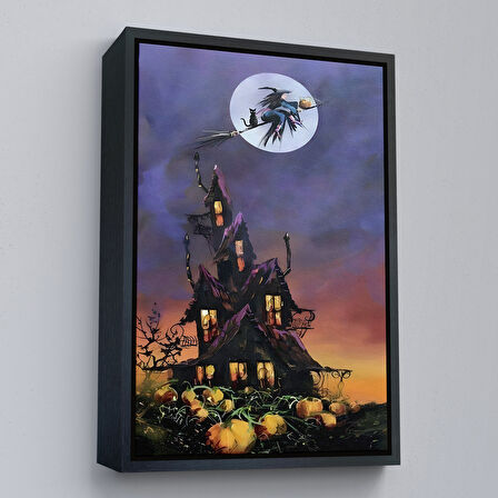 Altın Çerçeveli Süpürge İle Uçan Cadı ve Kedisi Cadılar Bayramı Helloven Duvar Tablosu